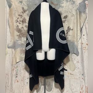 KENZO PARIS BLACK WOOL LOGO PRINTED SHAWL BLANKET
